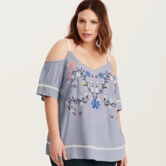 TORRID EMBROIDERED LACE INSET COLD SHOULDER TOP BLOUSE SHIRT 4X - Picture 1 of 4